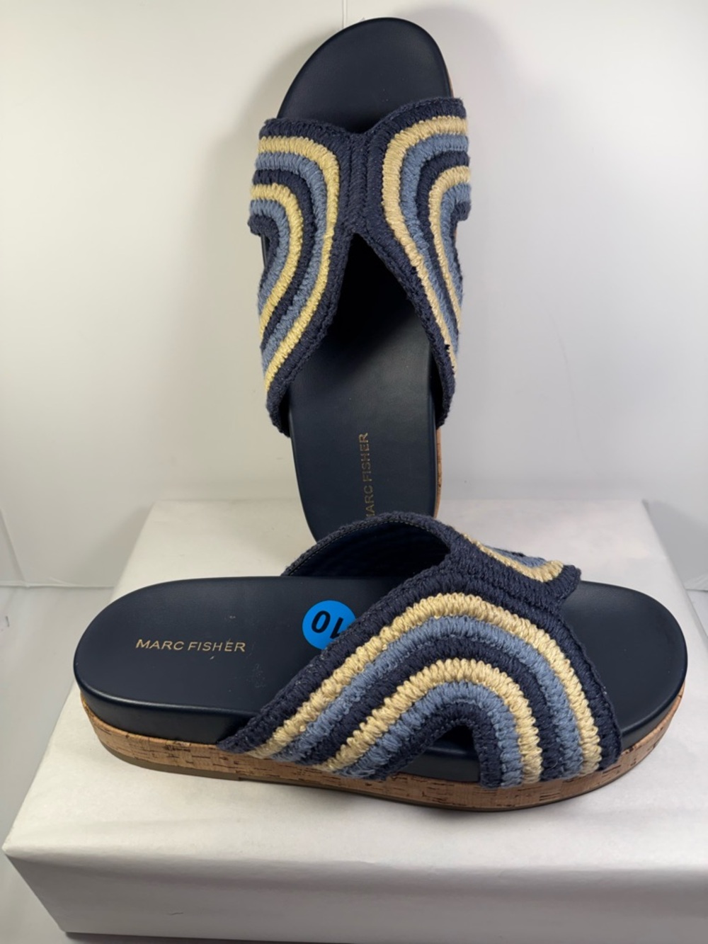 Marc Fisher Navy, Light Blue & Cream Woven Slide Sandals